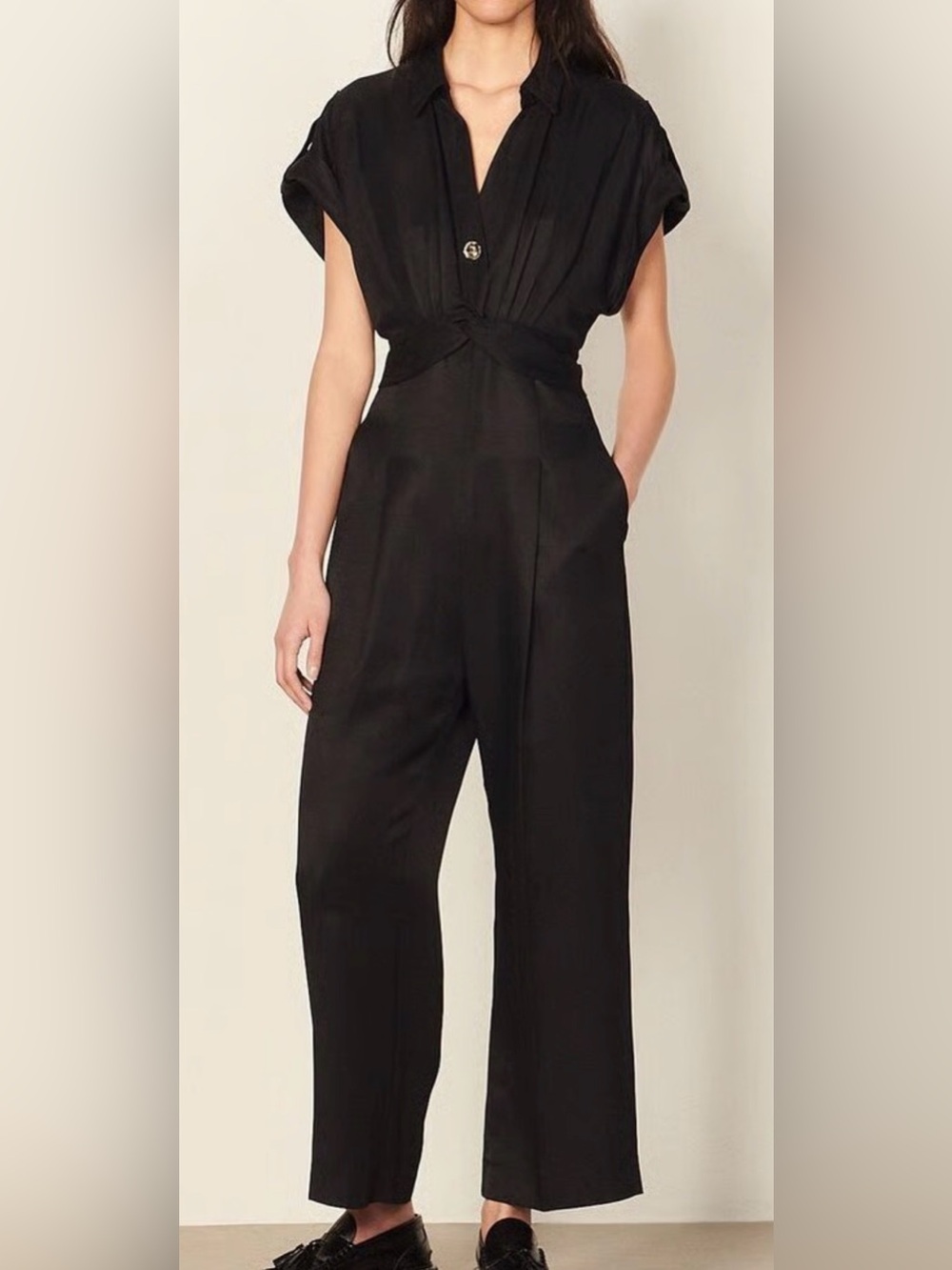 Sandro linen blend Black Short-Sleeve Twisted-Front Wide-Leg Jumpsuit